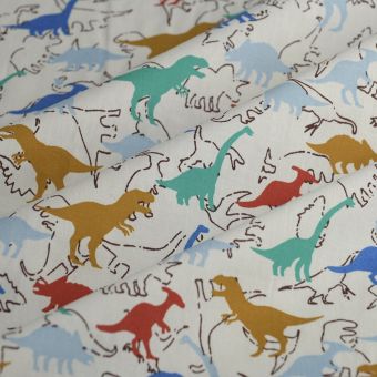 Tissu cretonne dinosaures contour multicolore