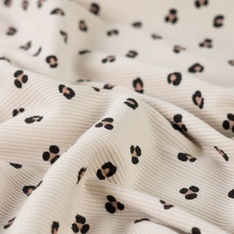 Maille jersey coton côtelée petit léopard écrue