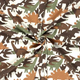 Tissu jersey coton extensible dino brun écru