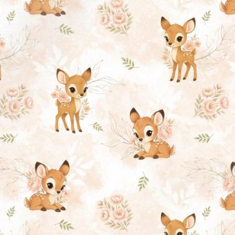 Tissu Minky lisse Biche et Fleurs Roses, coupon 1m x laize (150cm)