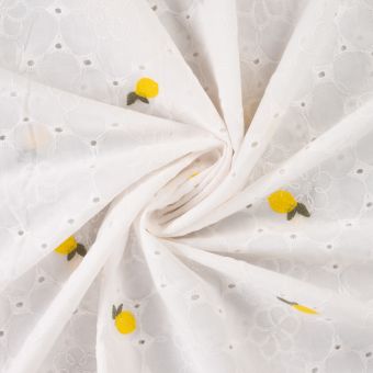 Tissu coton brodérie anglaise citron brodé blanc
