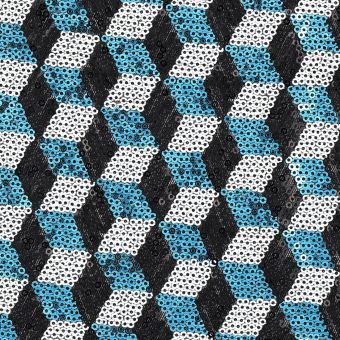 Tissu sequins cubes bleu, noir et blanc