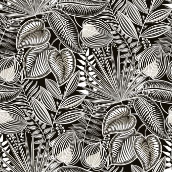 Tissu popeline viscose noir feuillage tropical beige