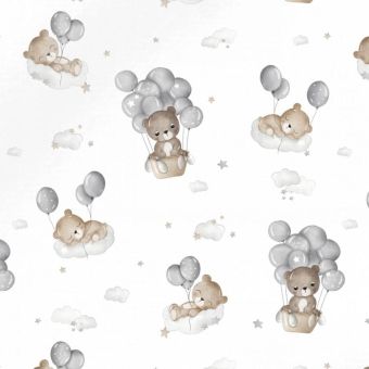 Tissu Impermeable Ourson Ballons et Etoiles Blanc, coupon 1m x laize (155cm)