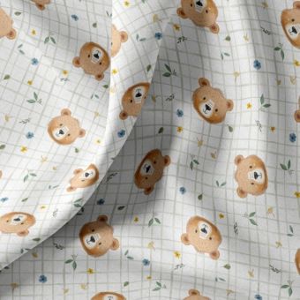 Tissu cretonne digital tête nounours fond carreaux vert écru