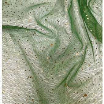 Tissu tulle vert grosses paillettes vertes et dorés