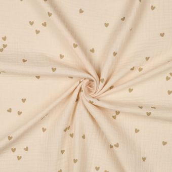 Tissu double gaze coeur beige pêche