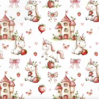 Tissu Softshell Licorne Fraises Blanc, coupon 1m x laize (145cm)