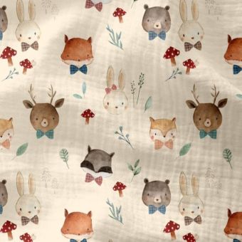 Tissu double gaze imprimé écru têtes animaux aquarellées