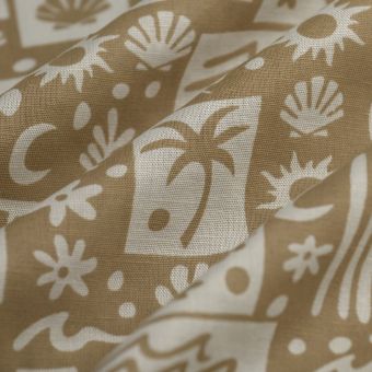 Tissu toile viscose coton lin tampons écru café au lait