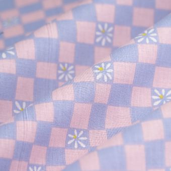 Tissu cretonne Damier fleur rose bleu