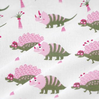 Tissu cretonne dinosaure rigolo blanc