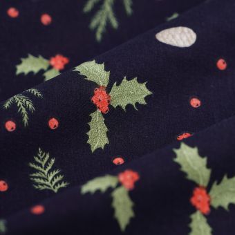 Tissu de Noël cretonne Houx Pomme de pin bleu
