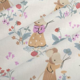 Tissu cretonne souris mahaut rose bleu