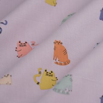 Tissu popeline coton chat multicolore parme