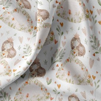 Tissu cretonne digital blanc princesses pastel cœurs