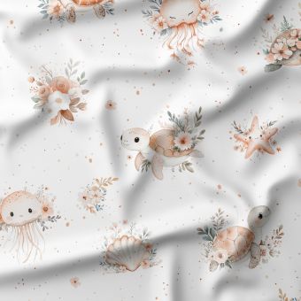 Tissu coton "Tortue & Méduse" par mètre – toile premium 153g/m² – 1m x laize 158 cm