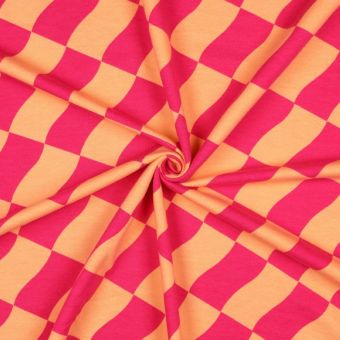 Tissu molleton sweat imprimé damier peche et rose - Poppy Fabrics