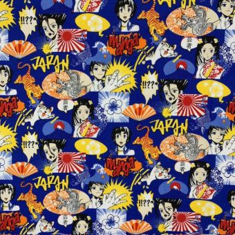 Cretonne manga japonais bleu