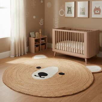 Tapis rond fait main en jute motif animaux JUTEBEAR, beige, marron, écru