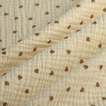 Tissu double gaze coeur beige écru