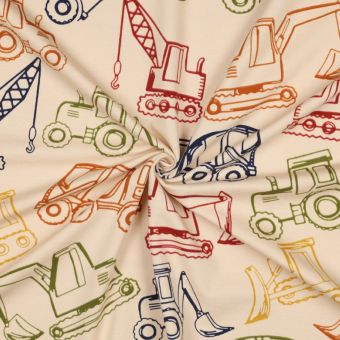 Tissu French Terry imprimé vehicules de chantier beige - Poppy Fabrics