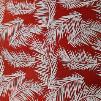 Toile effet jute rouge motifs feuilles blanches