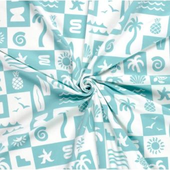 Maille jersey coton imprimée damier hawaii bleu