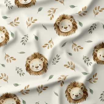 Tissu Jersey coton enfant "Roar" – Lions mignons et feuillages doux