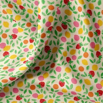 Tissu cretonne coton enduit petits fruits jaune rose rouge