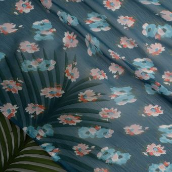 Tissu mousseline polyester floral bleu