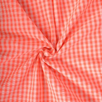 Tissu seersucker vichy bicolore orange pêche et rose fraise