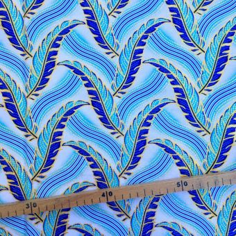 Tissu Wax pailleté blanc bleu imprimé Plumes - 50x120cm