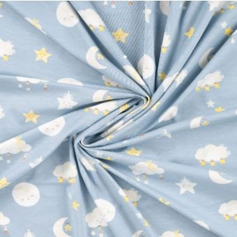 Maille jersey bambou douce imprimée ciel étoile bleu