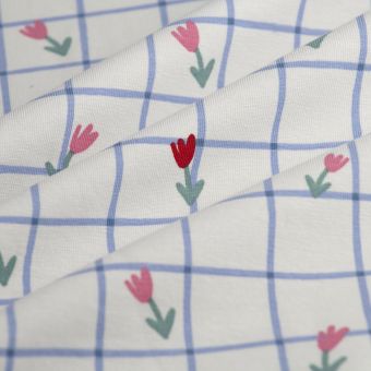 Tissu jersey extensible tulipe carreaux écru