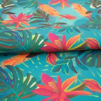 Toile bâche outdoor dralon déperlante imprimée Monstera bleue