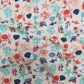 Maille jersey coton bio léger écru motifs marins enfants - Albstoffe