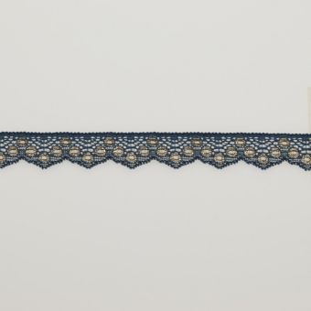Dentelle stretch festonnée 2cm ronds métallisés dorés et marine