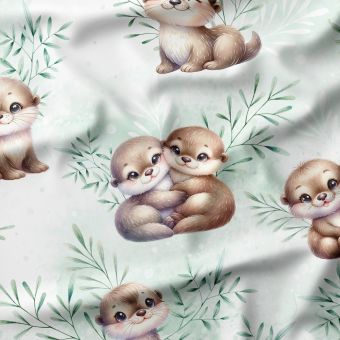 Tissu coton "Loutres Vertes" aquarelle loutres & feuillages – 1m x laize 158 cm