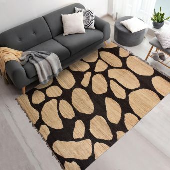 Tapis jute fait main motif rond DUSKIA, beige, noir