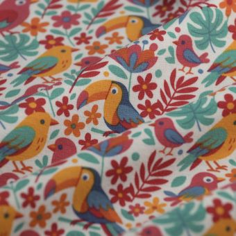 Tissu jersey coton extensible oiseau floral multicolore