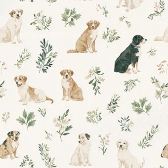 Tissu Double Gaze Chiens Feuilles Crème, coupon 1m x laize (145cm)