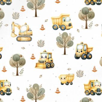 Tissu Softshell Camions Mignons Jaunes, coupon 1m x laize (145cm)