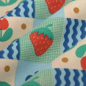 Tissu bachette fleur fraise damier multicolore