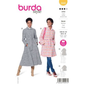 Patron Burda 5949 manteau fermeture ceinture 36 au 46