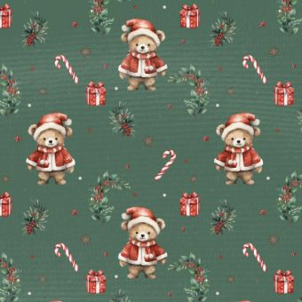 Tissu French Terry Noel Adorable Ourson Vert, coupon 1m x laize (145cm)