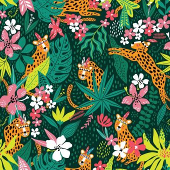 Tissu French Terry Leopard Boho Fleurs, coupon 1m x laize (145cm)