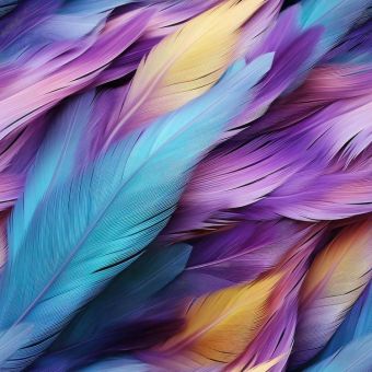 Tissu Satin de Coton Plumes Bleu Violet Orange, coupon 1m x laize (160cm)