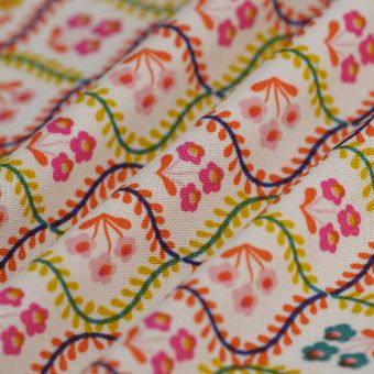 Tissu popeline viscose ecovero médaillon fleur multicolore beige