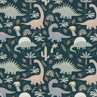Tissu French Terry Dinosaure Feuille Vert, coupon 1m x laize (145cm)